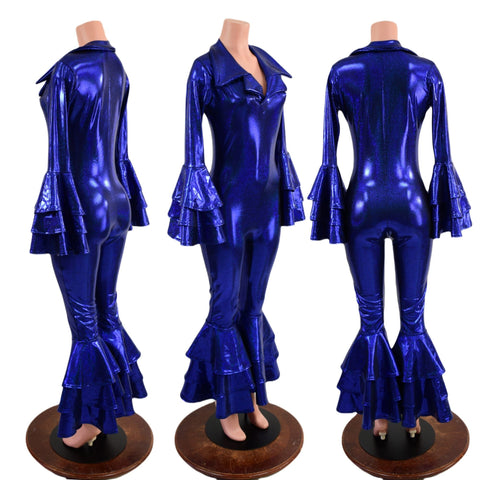 Dancing Queen Multi Tiered Bell Bottom Catsuit in Blue Sparkly Jewel - Coquetry Clothing