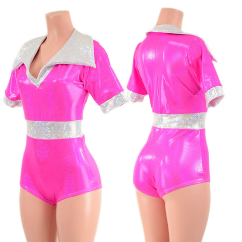 Neon Pink Romper with Banded Tee Sleeves, Disco Collar, and Contrast Waistband Coquetry Clothing 