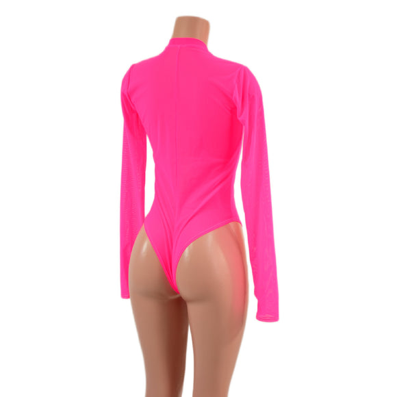 Sheer Neon Pink Mesh Long Sleeve Brazilian Romper with Plunging V Neckline