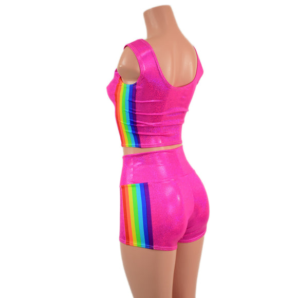 Neon Pink Sparkly Jewel Crop Tank and High Waist Shorts Set with Retro Rainbow Side Panels