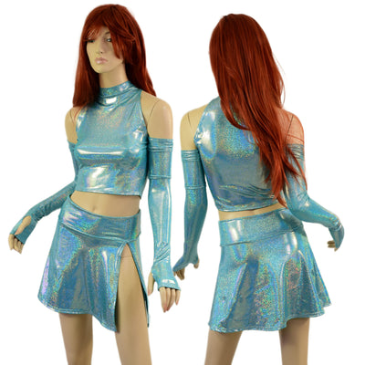 4PC Arm Warmers, Crop Top & Victory Skirt Set in Seafoam