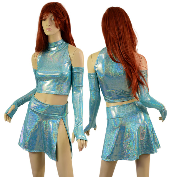 4PC Arm Warmers, Crop Top & Victory Skirt Set in Seafoam