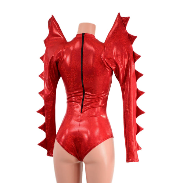 Red Sparkly Jewel Mega Sharp Shoulder Romper with Spiked Sleeves - 5