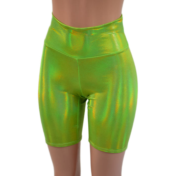High Waist Bike Shorts in Neon Lime Holographic