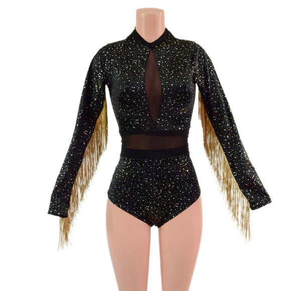 Star Noir Romper with Inset Mesh Keyhole and Waistband, and Gold Fringed Sleeves