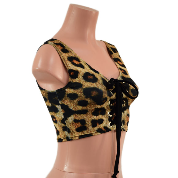 Mini Lace Up Front Crop Tank in Leopard Print