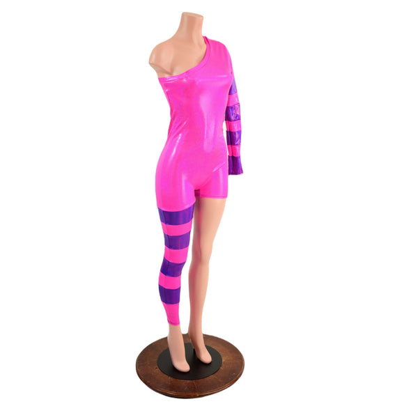 Pink Asymmetrical Catsuit with Grape Holographic Stripes - Coquetry Clothing