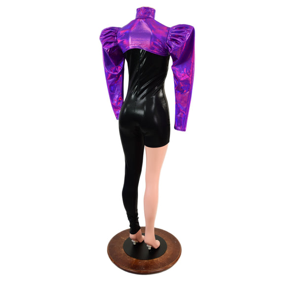 Asymmetrical Black Mystique Catsuit Set with Grape Holo Victoria Sleeve Bolero