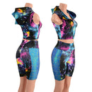 Zipper Front Dragon Hooded Crop Top and Side Pocket Bike Shorts Set - Coquetry Clothing