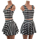 Black and White Diamond Print 15" Circle Cut Mini Skirt and Crop Tank Set-1