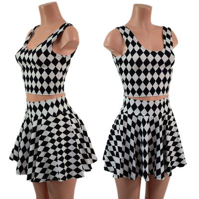 Black and White Diamond Print 15" Circle Cut Mini Skirt and Crop Tank Set
