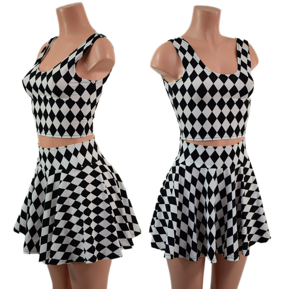 Black and White Diamond Print 15" Circle Cut Mini Skirt and Crop Tank Set