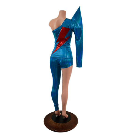 Lightning Bolt Asymmetrical Sharp Shoulder 2PC Set (Mock Catsuit
