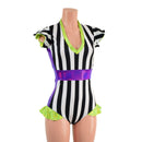Black and White Striped Romper with Lime and Grape Trim-6