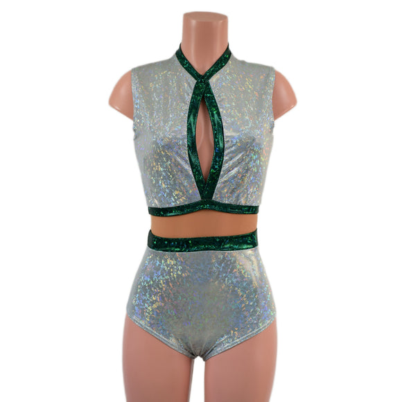 Sleeveless Frostbite Keyhole Romper with Nude Mesh Waistband