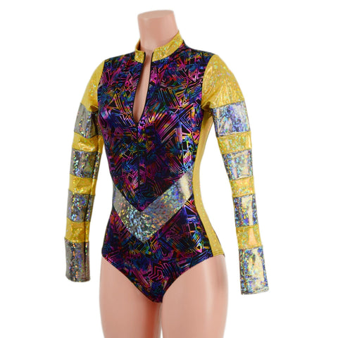 CyberSpace Silver and Gold Shattered Glass V Front Stella Romper - Coquetry Clothing