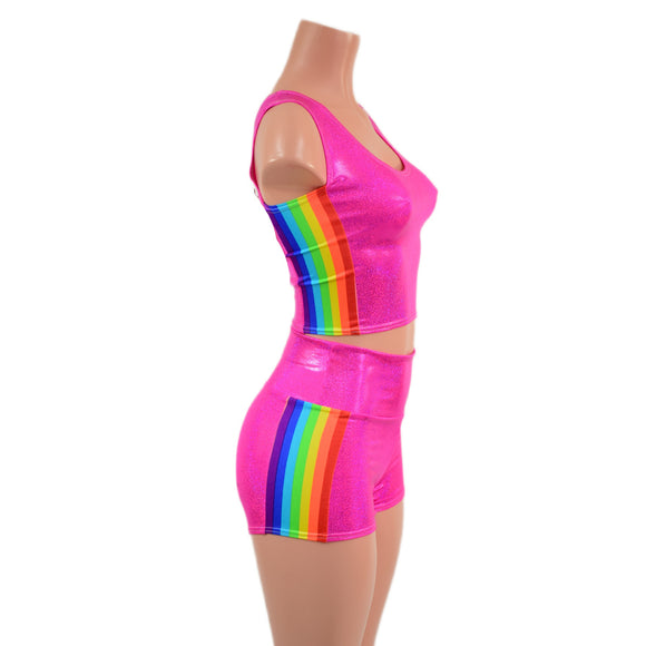 Neon Pink Sparkly Jewel Crop Tank and High Waist Shorts Set with Retro Rainbow Side Panels