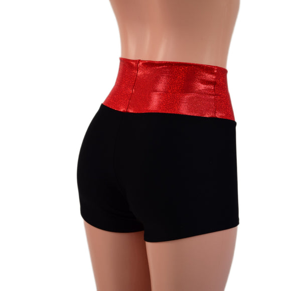 Black Zen High Waist Shorts with Red Sparkly Jewel Waistband