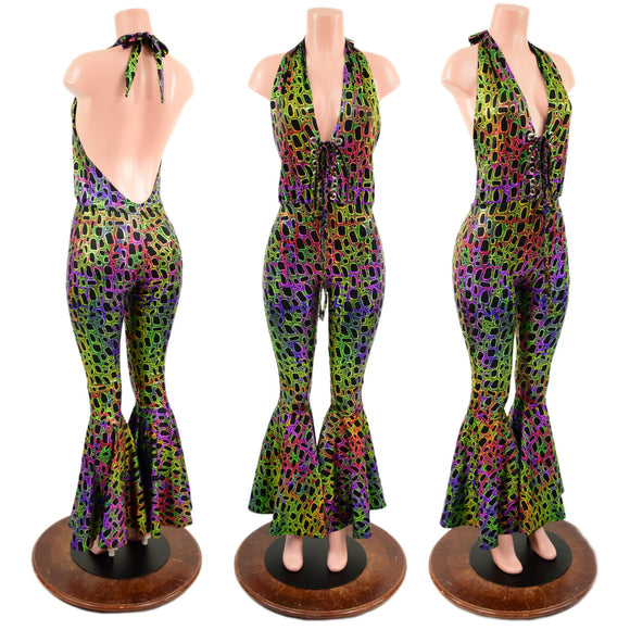 Poisonous Print Laceup Josie Halter Catsuit with Bell Bottoms