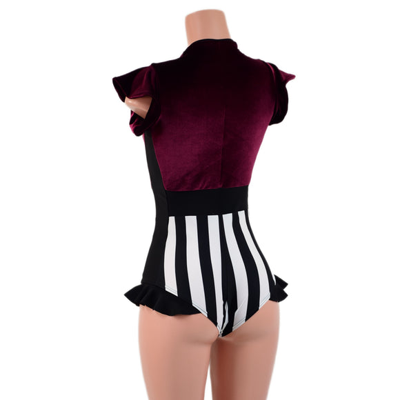 Circus Stripes and Burgundy Velvet Flip Sleeve Paneled Romper