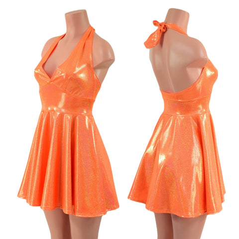 Neon Orange Sparkly Jewel Halter Skater Dress - Coquetry Clothing