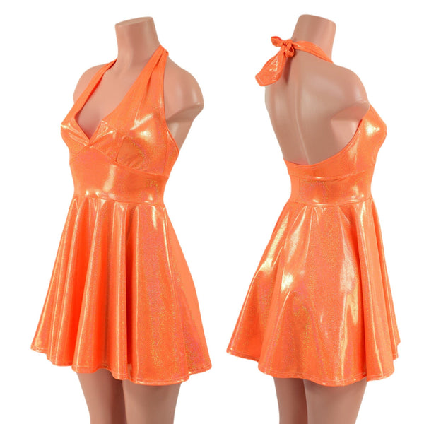 Neon Orange Sparkly Jewel Halter Skater Dress - 1