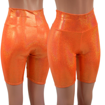 High Waist Bike Shorts in Neon Orange Sparkly Jewel