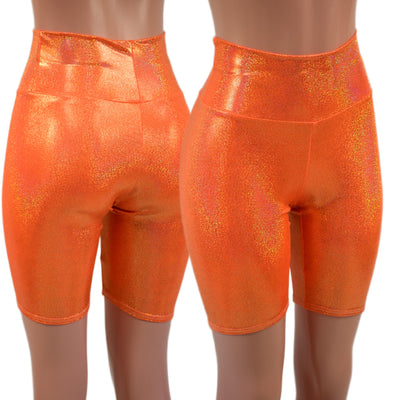 High Waist Bike Shorts in Neon Orange Sparkly Jewel