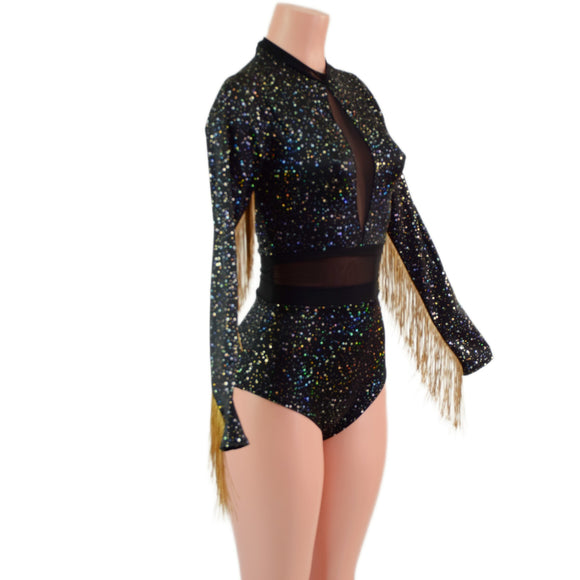Star Noir Romper with Inset Mesh Keyhole and Waistband, and Gold Fringed Sleeves