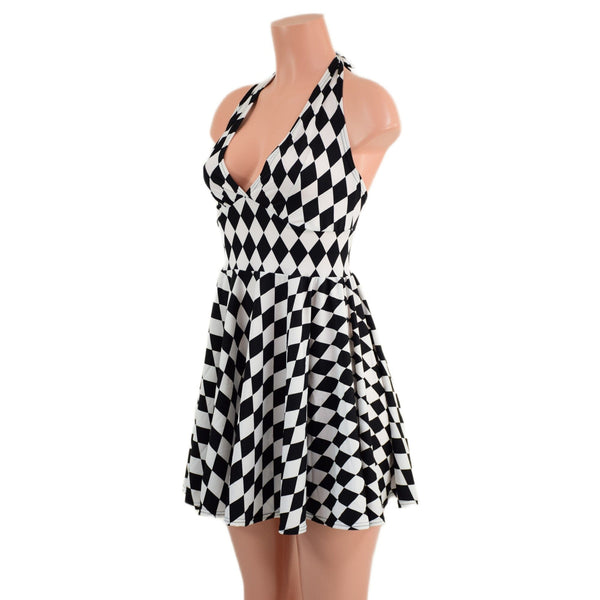 Black & White Diamond Print Halter Skater Dress - 5
