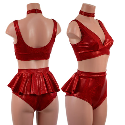 3PC Starlette Bralette, High Waist Ruffle Rump Siren Shorts, and 1" Snap Back Choker Set
