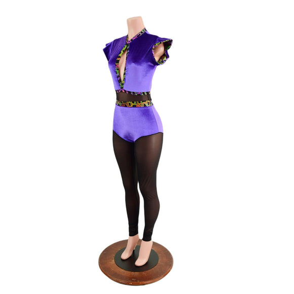 Purple Velvet Inset Mesh Keyhole Catsuit with Mesh Legs - Coquetry Clothing