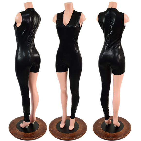 Asymmetrical Black Mystique Catsuit Set with Grape Holo Victoria Sleeve Bolero