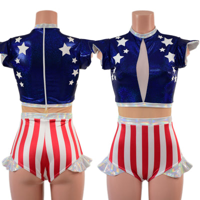 Firecracker Patriotic Keyhole Romper with Nude Mesh Waistband