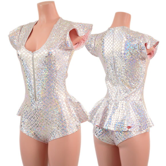 Zipper Front Ruffle Rump Romper in Silver/Pink Scale