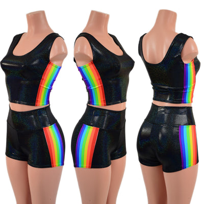 Black Holographic Crop Tank and High Waist Shorts Set with Retro Rainbow Side Panels