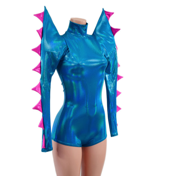 Spiked Mega Sharp Shoulder Romper in Peacock Holographic