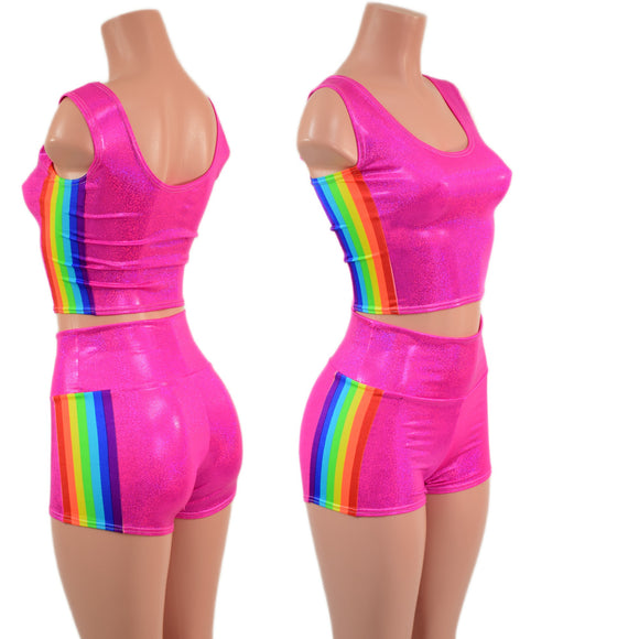 Neon Pink Sparkly Jewel Crop Tank and High Waist Shorts Set with Retro Rainbow Side Panels