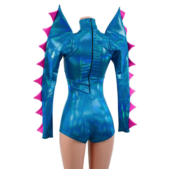 Spiked Mega Sharp Shoulder Romper in Peacock Holographic