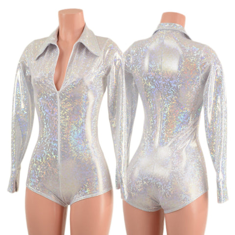 Ready to Ship White Kaleidoscope Rodeo Romper with Snap Cuffs and Boy Cut Leg Small - Coquetry Clothing