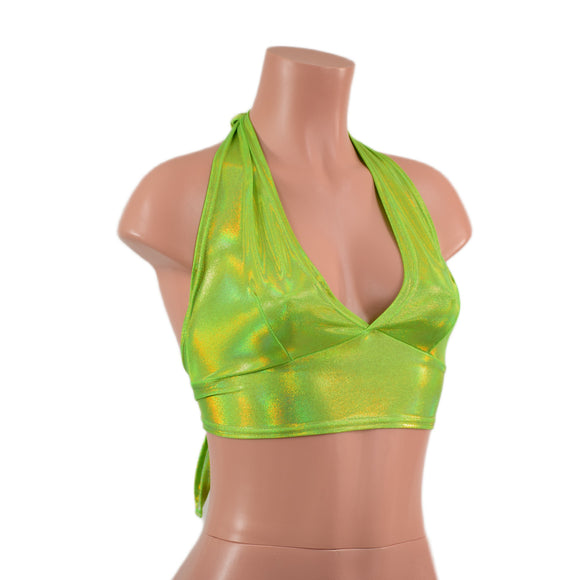 Neon Lime Holographic Tie Back Halter Top