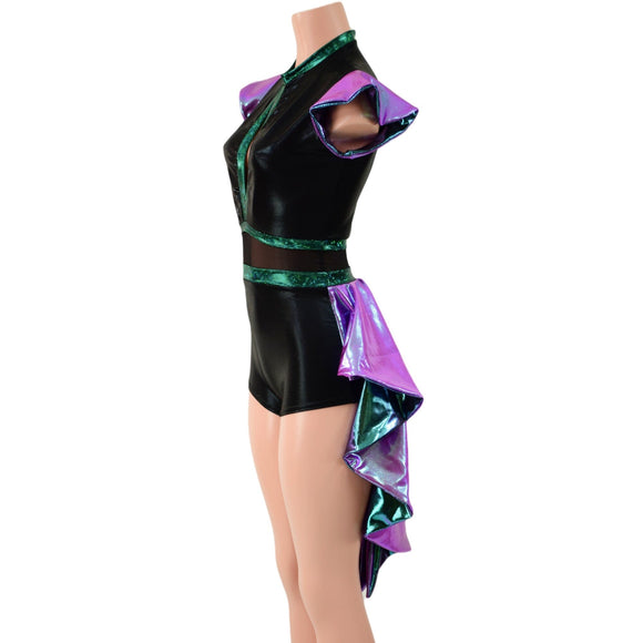 Plumeria, Scarab and Black Mystique Tux Back Romper with Boy Cut Leg - Coquetry Clothing