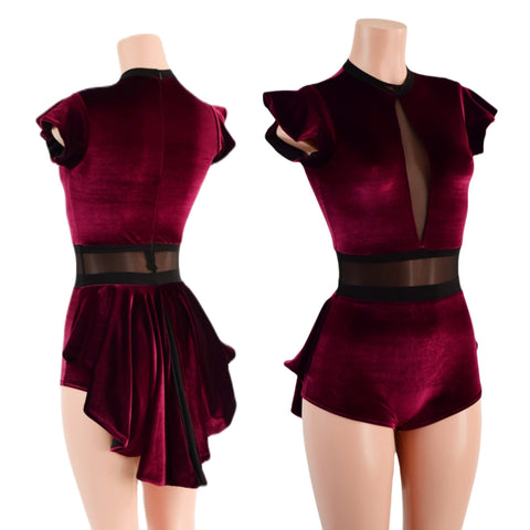 Burgundy Velvet Romper with Inset Mesh Keyhole Neckline and Mini Tux Back Tails - Coquetry Clothing