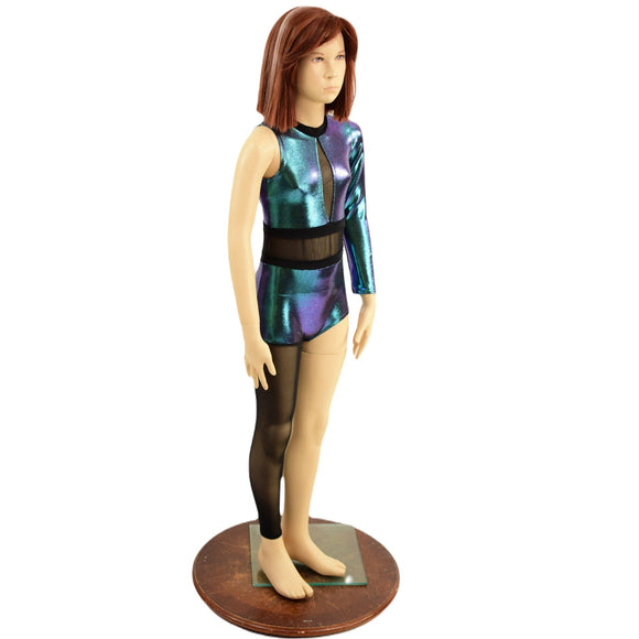 Girls Scarab Asymmetrical Catsuit with Mesh Leg, and Inset Mesh Keyhole - Coquetry Clothing
