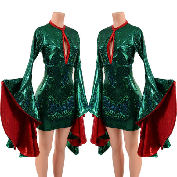 Green Kaleidoscope Bodycon Dress with Keyhole and Mini Sorceress Sleeves - Coquetry Clothing