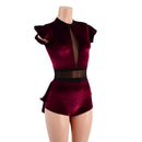 Burgundy Velvet Romper with Inset Mesh Keyhole Neckline and Mini Tux Back Tails - Coquetry Clothing