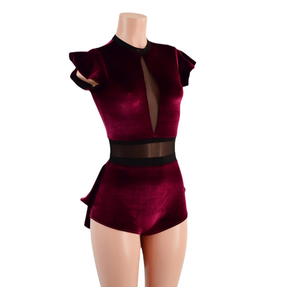 Burgundy Velvet Romper with Inset Mesh Keyhole Neckline and Mini Tux Back Tails - Coquetry Clothing
