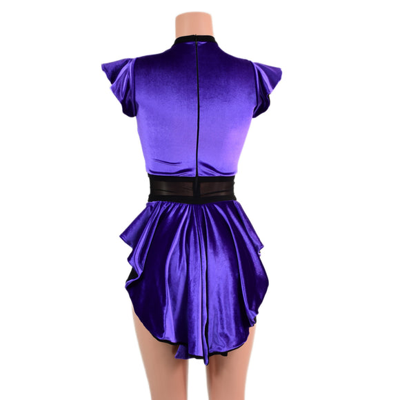 Purple Velvet Romper with Inset Mesh Keyhole Neckline and Mini Tux Back Tails