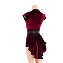 Burgundy Velvet Romper with Inset Mesh Keyhole Neckline and Mini Tux Back Tails - Coquetry Clothing