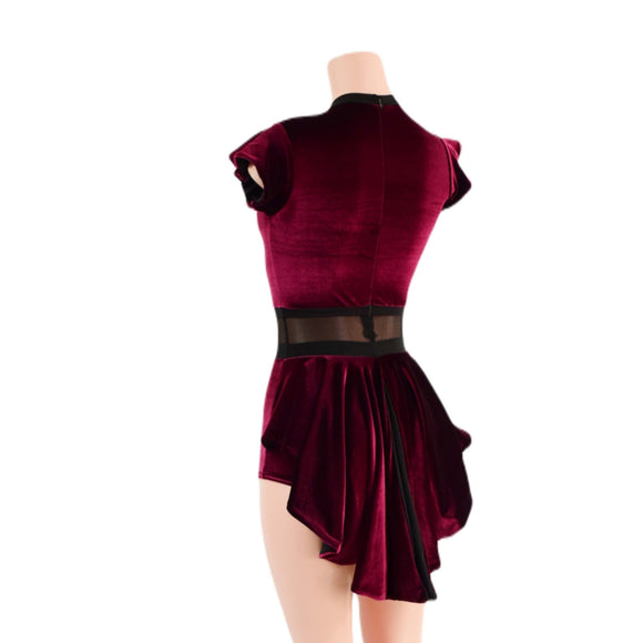Burgundy Velvet Romper with Inset Mesh Keyhole Neckline and Mini Tux Back Tails - Coquetry Clothing